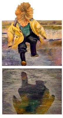 Puddle Jumpe, is two piantings the young man is jumping from one into the other.