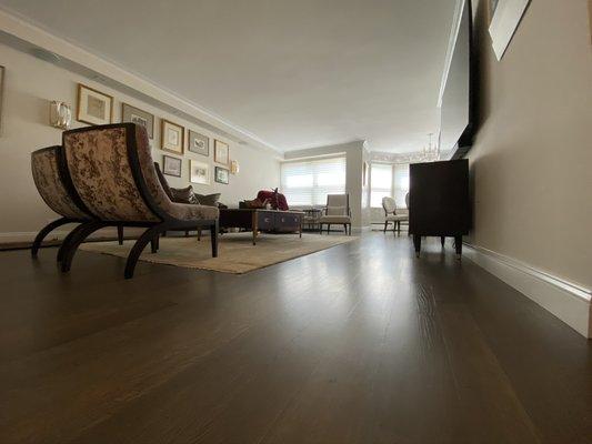 Brand new rift and quarter sawn oak flooring with custom gray color.