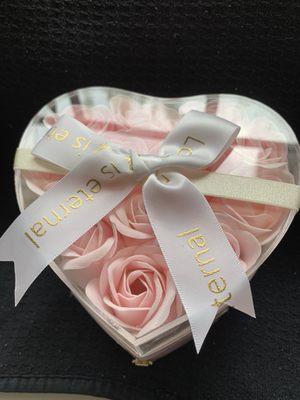 Preserved pale pink roses designed in a heart shaped box. Unique long lasting arrangement.