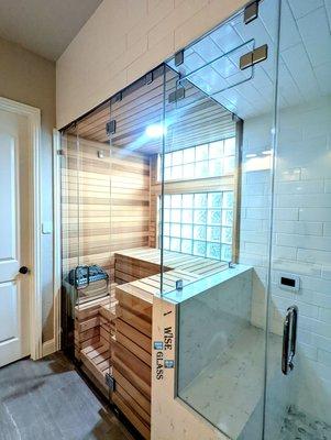 Glass railing | Custom 3/8 shower steam and sauna, 2 in 1 Frameless shower door