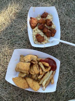 Fried catfish finger and fries Buffalo chicken bites over mac