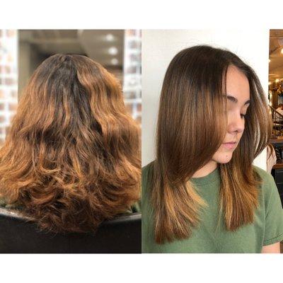 Before and after - Japanese hair straightening on color treated hair