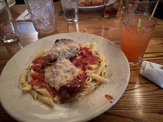 Chicken Parmesan with Penne and a drink that Kelly made for me