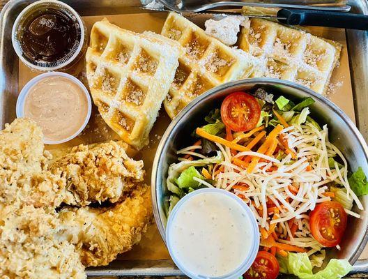 Chicken & Waffles with side salad