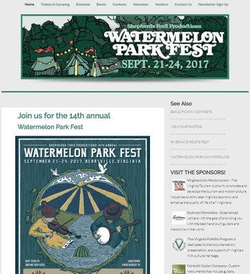 Website designed for the annual Watermelon Park Festival held in Berryville, VA. Thousands attend this much loved Bluegrass music fest.