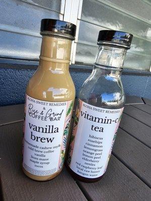 Vanilla Brew is a coffee collaboration with Rise & Grind next door. Vitamin-C tea is their own recipe!