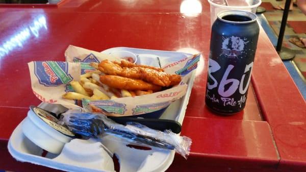 Buffalo chicken strips, fries and good beer