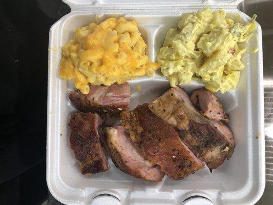 Rib Plater with Mac n' Cheese and Mustard Potato Salad