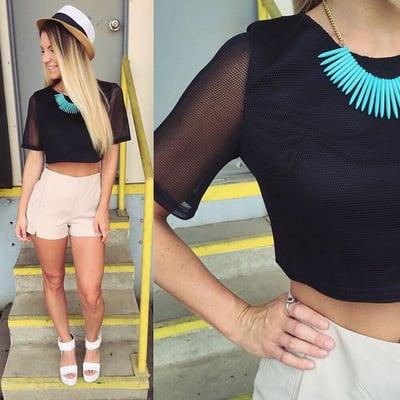 Our black netted top is so versatile and fun! This time, we paired it with our beige shorts and a fedora! How cute!