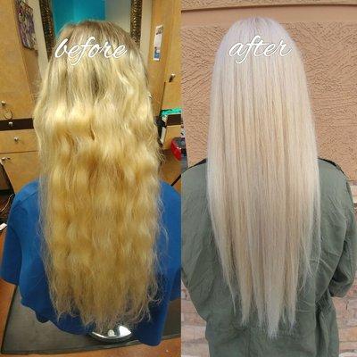 Beautiful transformation from yellow grown out blonde to an icy blonde!