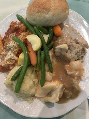 Seafood Newberg, Roasted Turkey Breast, Baked Ziti and Seasonal Vegetable Medley