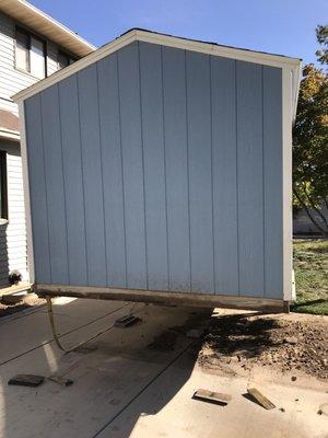 Doing great work on a very difficult shed move. He had to negotiate our Tuff-Shed through a narrow passageway between a tree & our house.