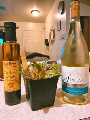 Olive oil , seaback wine and a succulent! Great buys ! Great vendors.