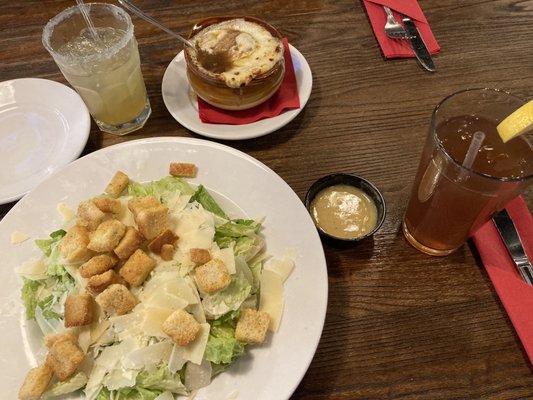 Caesar salad and onion soup.