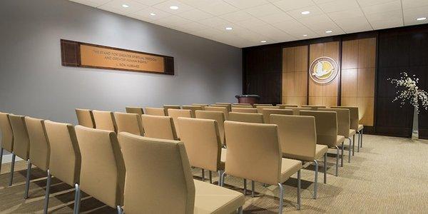 The seminar room holds around 40 people for presentations, documentaries, etc., and can change its layout to accomodate for other events.