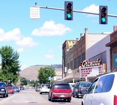 Movie theater shows first run movies.