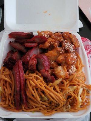 Bbq pork ,spicy orange chicken with chow mien