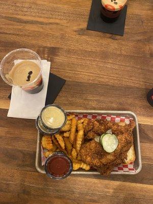 Chicken Strips, texas toast, fries, miso mustard, ketchup