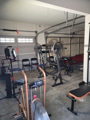 Airdyne, row machine, squat rack, pull up dip station