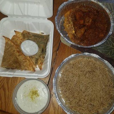 Sambrosa, Bolani Sabzi, Chicken Qourma and Firni