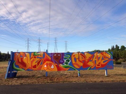 This is a photo taken of some of the art displayed at Folsom Paint Park by John B. The wall says "Live 2 Create"