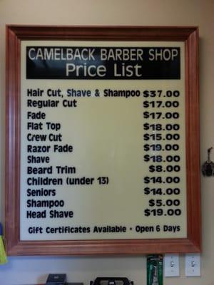 The price list for Camelback Barber Shop!