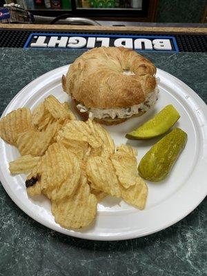 Great chicken salad croissant!, double shot Hornitos, and apple pie.