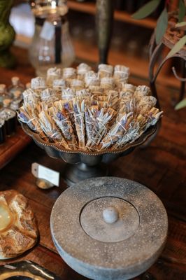 Our sage + palo santo floral herb smudge sticks make a beautiful + fragrant addition to a tray or small vessel.