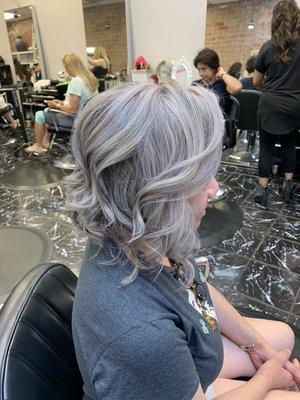 Color Grey/silver hair, cut & style by Monique