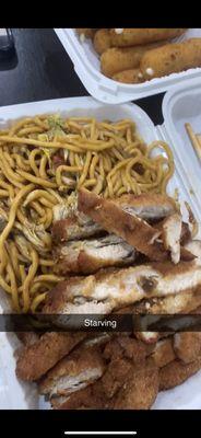 H14. Spicy Boneless Chicken House Special with 35. Roast Pork Lo Mein