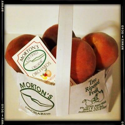 Morton's Orchards in the house! Serving organic peachy goodness. $8 medium bag.