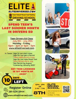 Spend the last Month of Summer 2024  in Teen Drivers Ed to spend the 1st Months of 2025 getting your Drivers License.