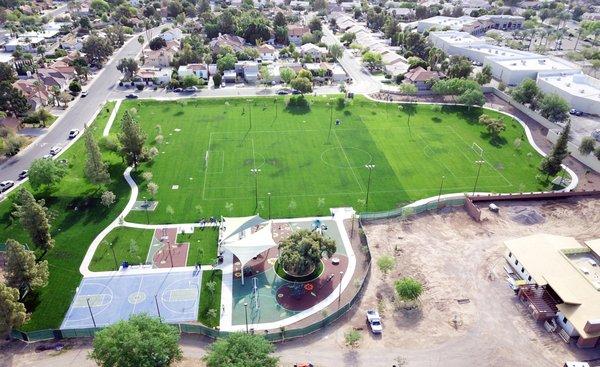 Drone view of playground, court and field installation