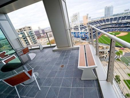 Company meetings held outside overlooking Petco Park.