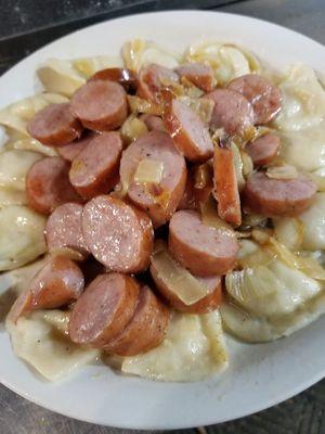 Pierogies with Sauteed onions and kielbasa