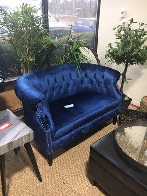 Love this blue velvet loveseat, and it's comfortable