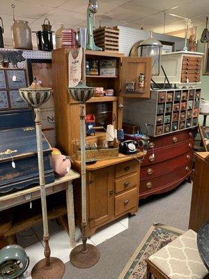 Rare & gorgeous vintage Hoosier (center): marked $699. Oak.