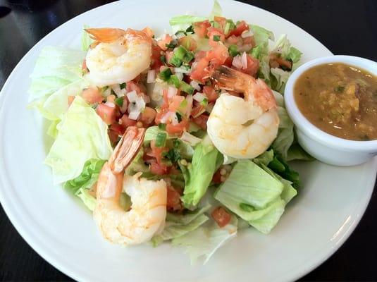 Salad with pico de gallo topping, side of salsa, grilled shrimp!