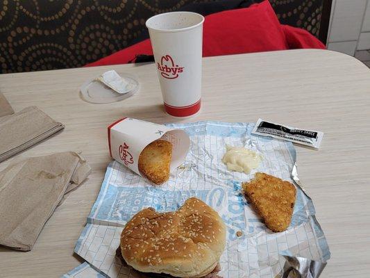 beef and cheddar seeded bun not Onion roll. small sized diet Coke tater cakes (2) and horsey sauce to dip tater cake in cuz I'm wierd