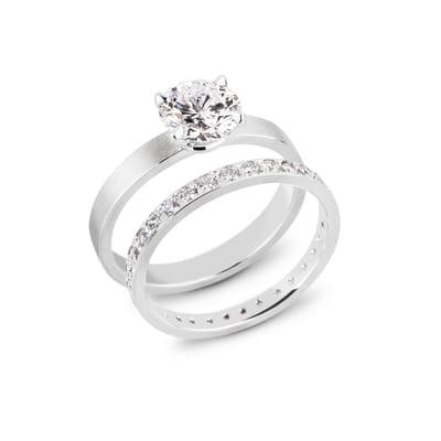 Michele Mercaldo platinum and diamond engagement ring, platinum and bead set diamond wedding band