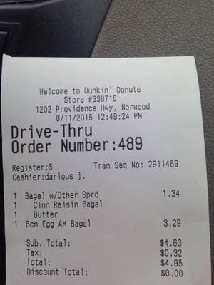 Norwood Dunkin Donuts -- 1202 Providence Highway / Route 1, Norwood              Receipt