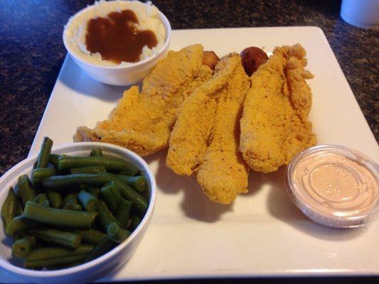 3 piece white fish with green beans, mashed potatoes and gravy