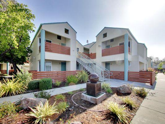 Apartment exteriors at Hampshire Apartments in Redwood City.