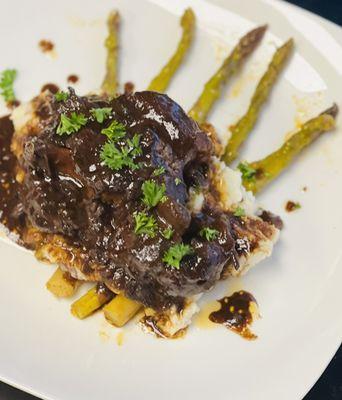 Oxtails asparagus Garlic red bliss mash