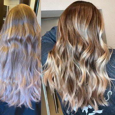 Before and after of a reverse balayage , adding in depth with lowlights