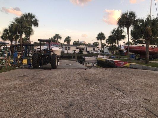 Boat ramp at the marina. They use a tractor to put the trailer in and out.