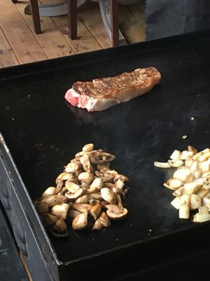 Ny strip(served to preferred temp) mushrooms and onions