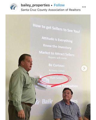 Paul Bailey training realtors to "Hunt Sellers" Bailey Properties will share your information without asking.