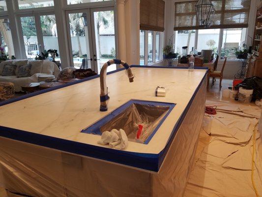 Honed marble counter top refinish, restoration and applied sealant.