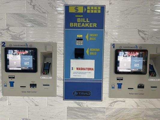 Card loading and bill breaker station.  Accepts cash or card